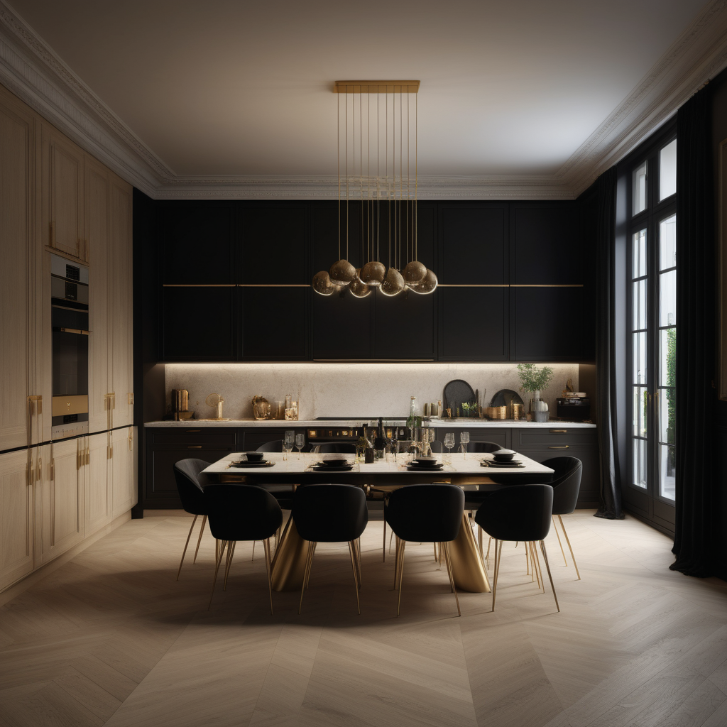 a hyperrealistic image of a grand modern Parisian  open plan kitchen and dining room,  at night with mood lighting  in beige, oak, brass and black
