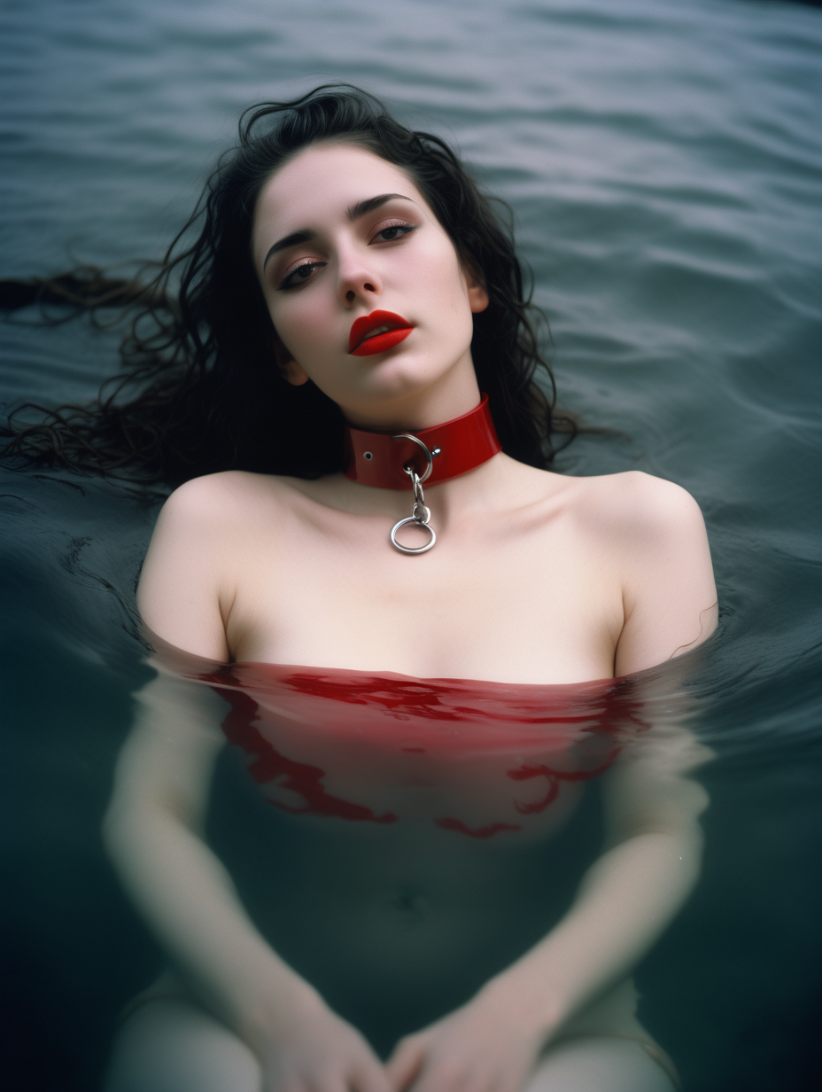 (seductive:1. 1) (21. 3) year old (woman:1. 1) (lying:1. 1) in clear shallow water, (dark:1. 2) wavy hair. (She is wearing a BDSM (red choker:1. 1) She is (sensual:1. 4) and (glistening:1. 2). The scene is shot with (Kodakportra1600:1. 1) (filmgrain:1. 1) (Analogcamera:1. 1) (Sharpdetails:1. 1) (50mm:1. 1)