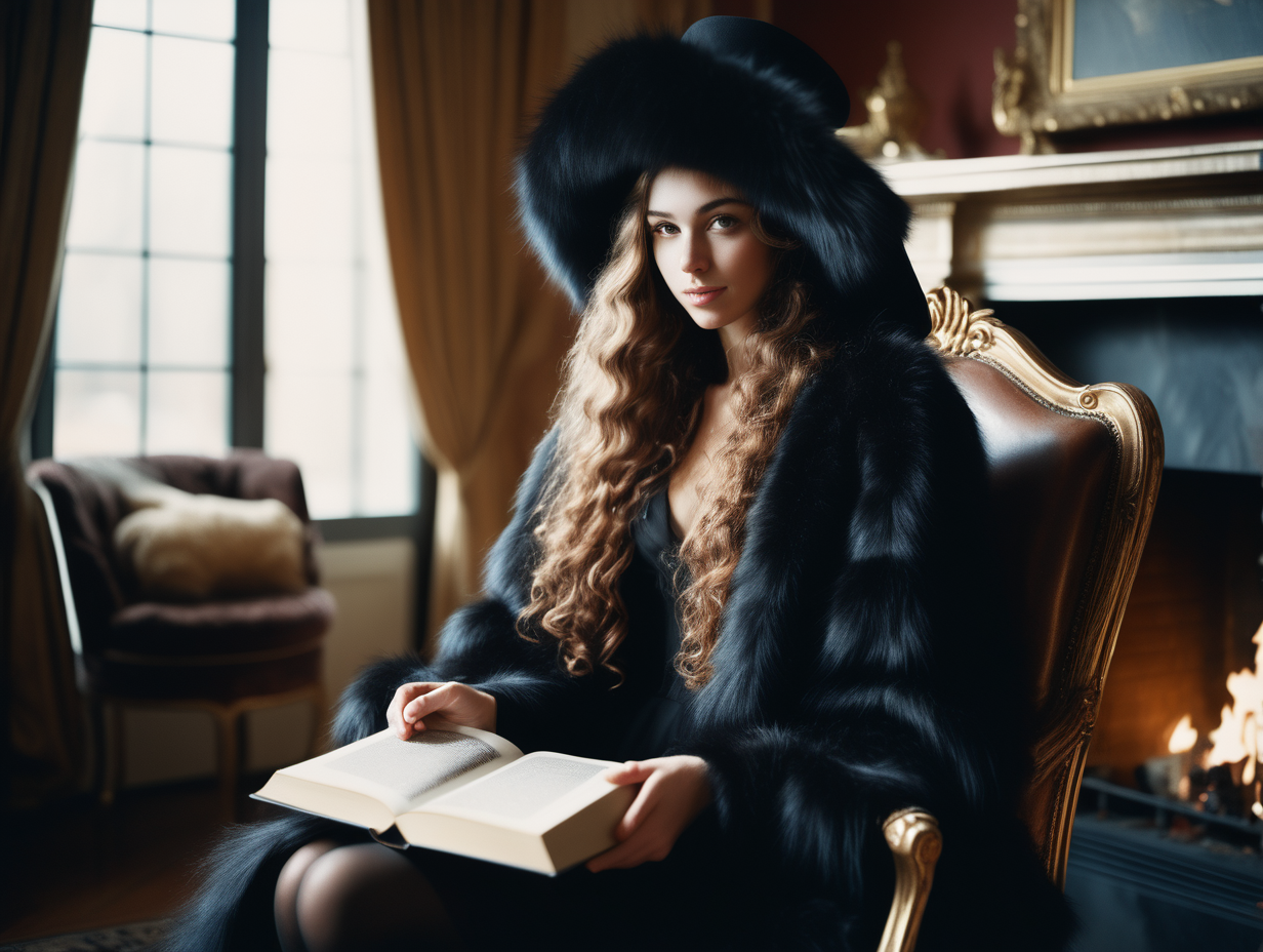 A beautiful slim woman in her twenties with long curly hair, wearing big black fur coat,  hat on head, holding a book, at the fireplace, sitting on a grand royal chair, in the morning, delicate hands, detailed face, detailed skin, detailed hands, photorealistic, gravure, AV, pro photography, slide film, photo book, window light, full body shot, soft body, window light, film grain, 35mm