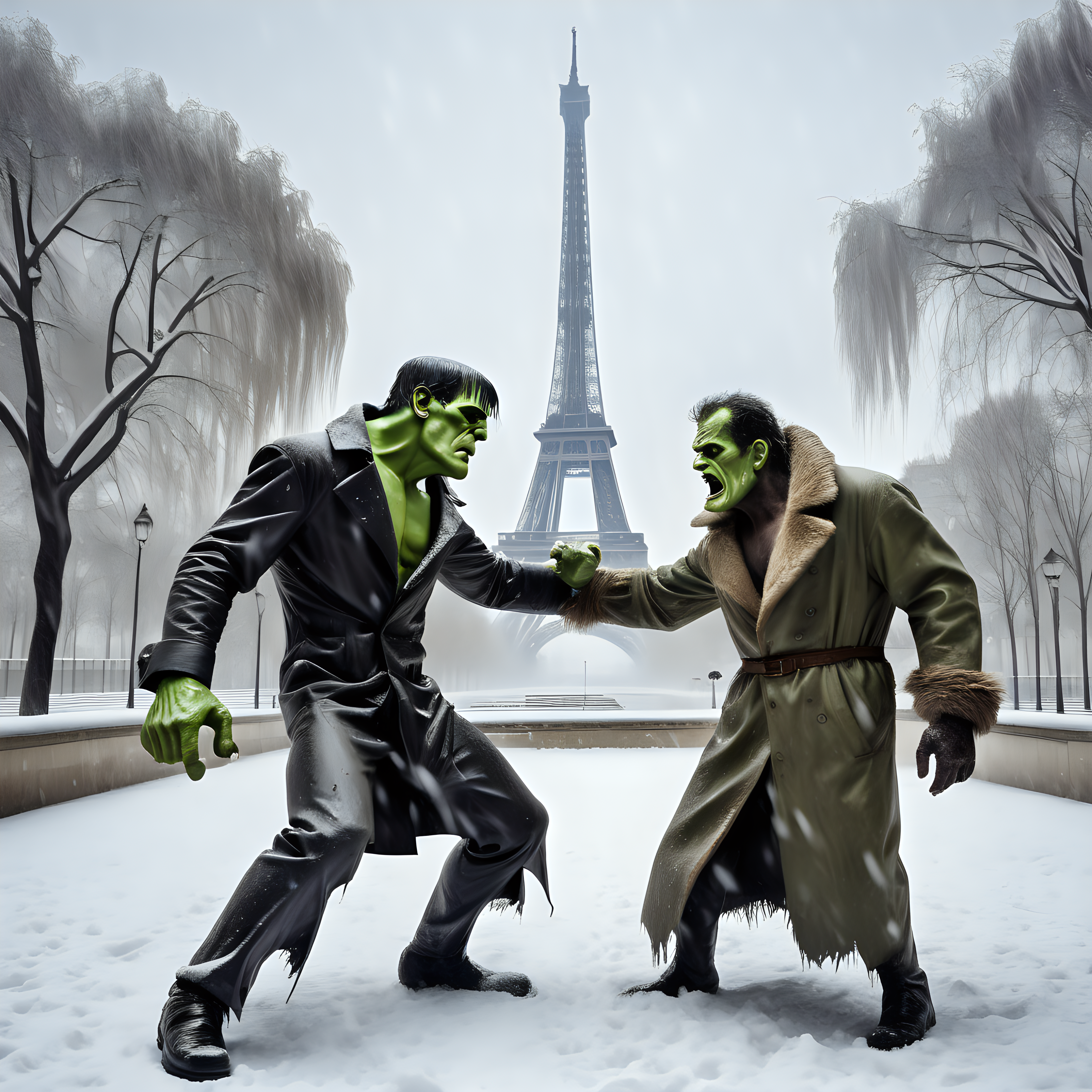Frankenstein fighting the wolfman in Paris in winter snow storm