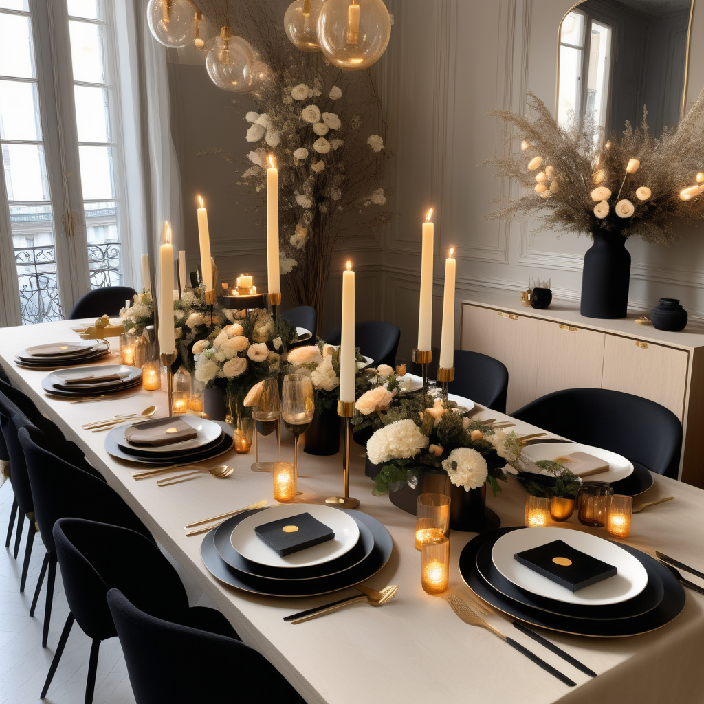 a hyperrealistic of Modern Parisian dining table properly set for a dinner party for 12 people in a beige oak brass and black colour palette with  flowers and candles and mood lighting
