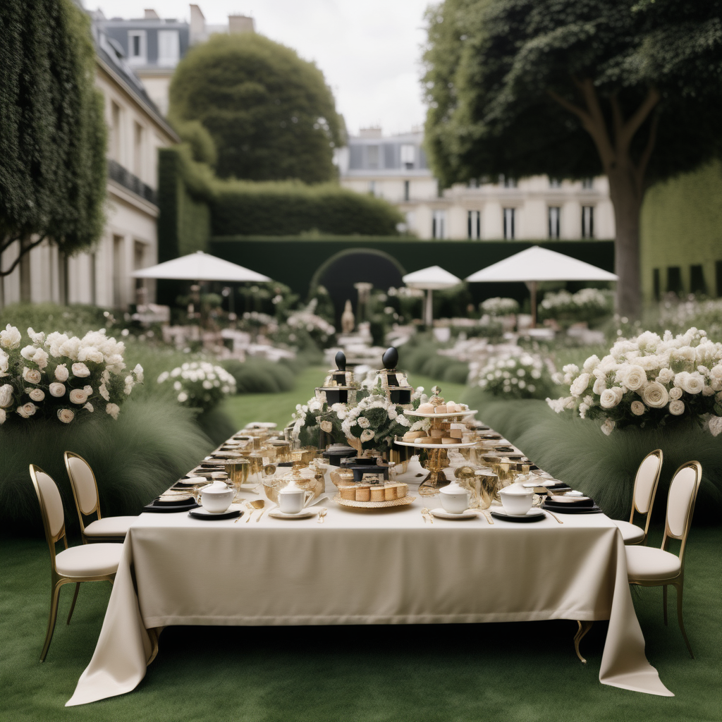 hyperrealistic modern Parisian garden tea pearty on sprawling lawns;  beige, oak, brass and black colour palette

