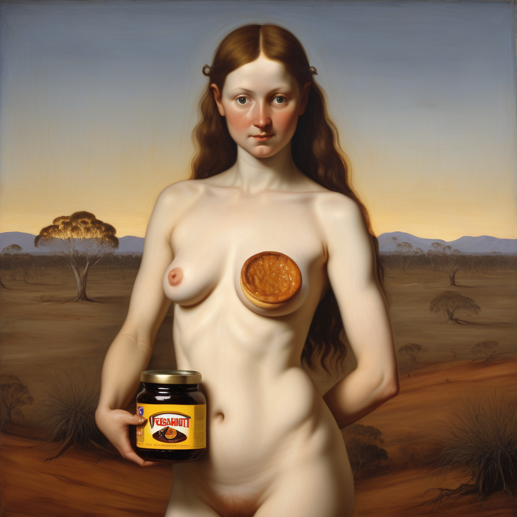 a renaissance painting of a naked woman with a round face in the Australian outback holding a jar of vegemite
