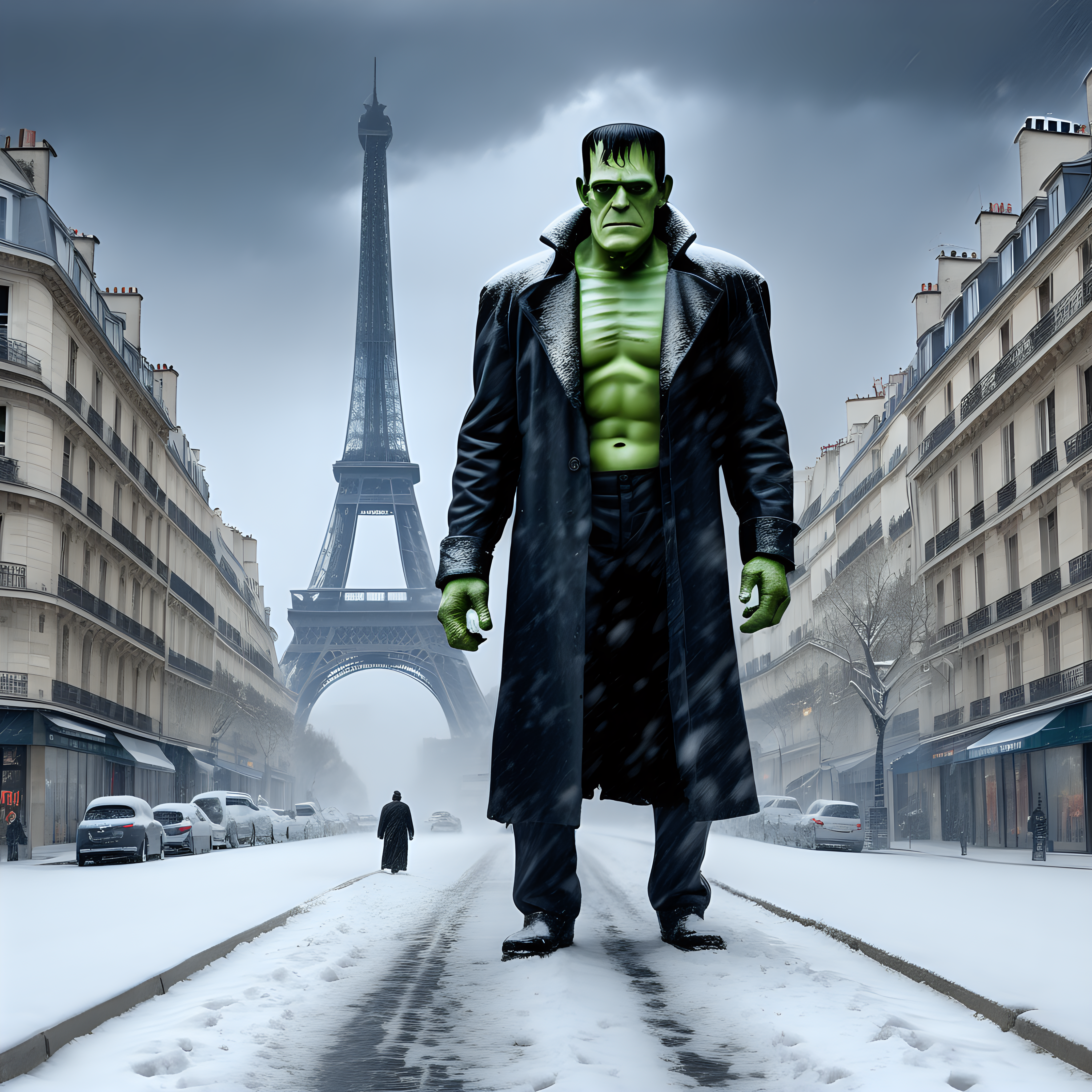 Frankenstein destroying Paris in winter snow storm