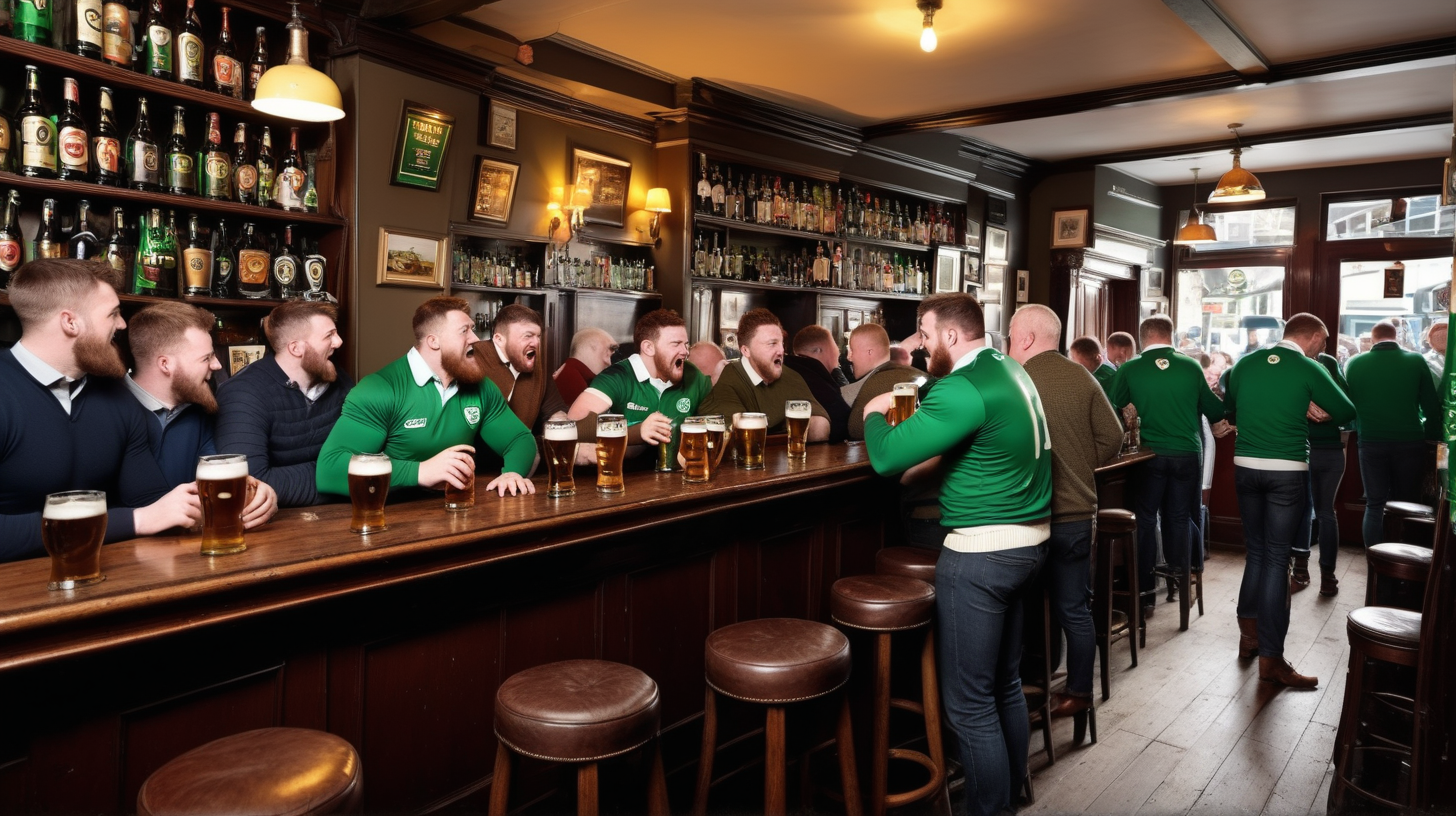 classic irish pub scene with people with a variety fo clothing 
drinking beer watching rugby match



