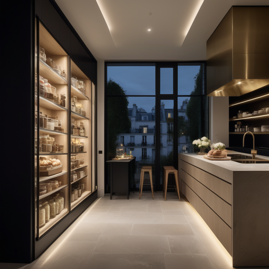 hyperrealistic of an elegant modern Parisian pantry at night; mood lighting;  Limestone flooring; glass window wall overlooking the adjoining kitchen; glass canisters of food; beige, oak, brass and black colour palette; --no neighbour houses
