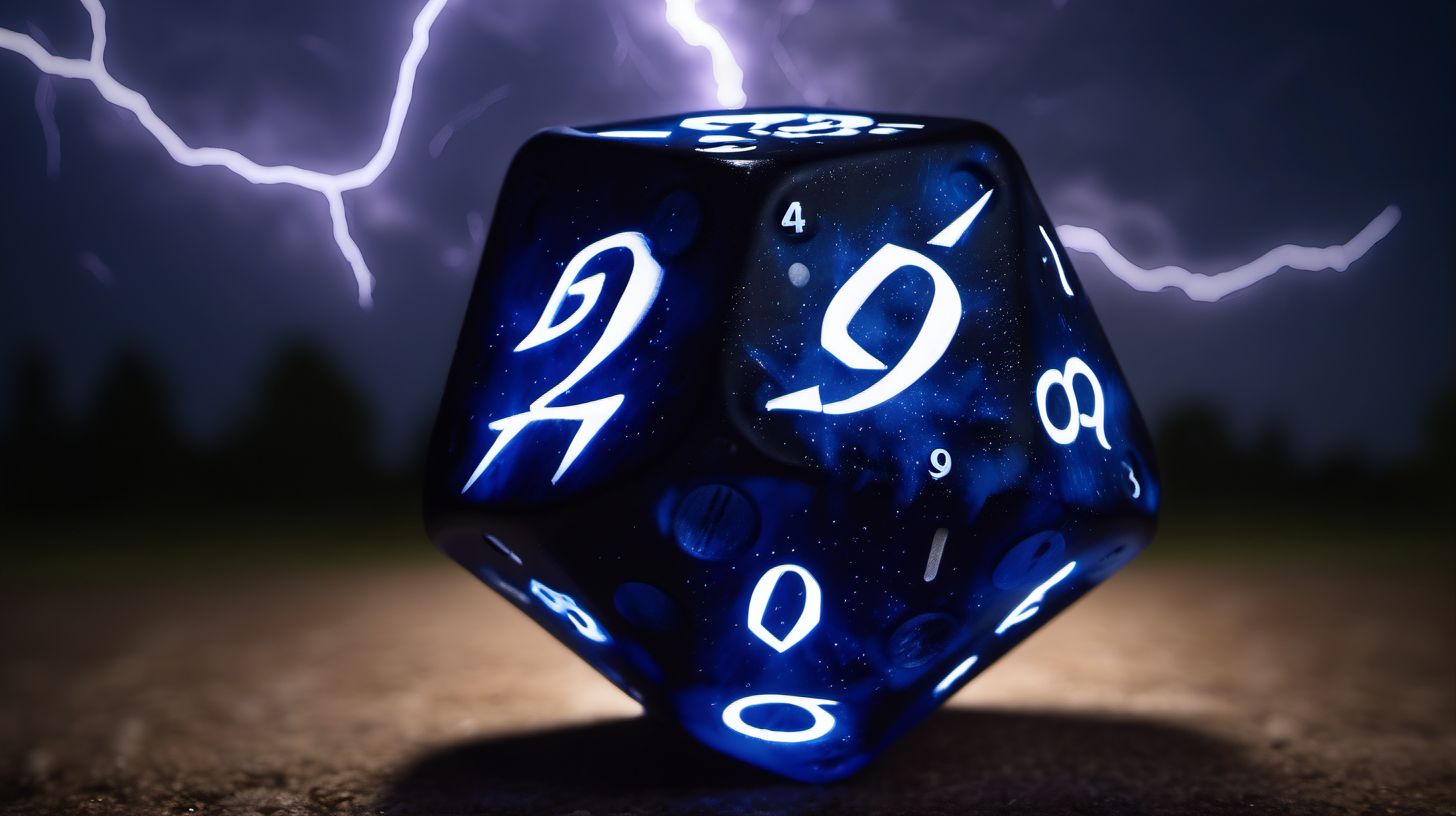 A lightning filled night sky with a 20 sided dice for DnD.