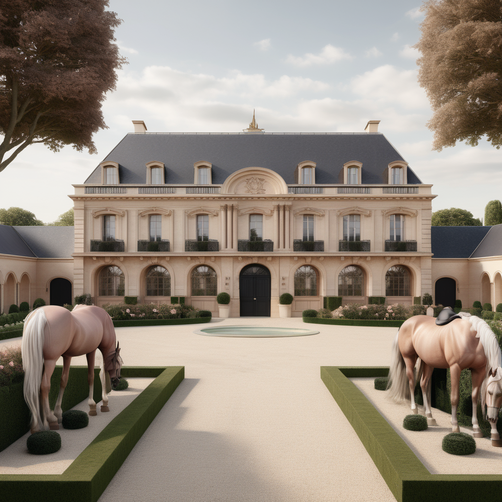 A hyperrealistic image of a palatial modern Parisian estate horse stables viewed from the outside in a beige oak brass colour palette with accents of black and dusty rose, with beautiful garden beds and sprawling lawns around it
