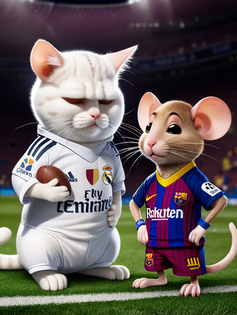 Gato blanco vestido de futbolista del real madrid junto a raton  marrón vestido del Barcelona llorando