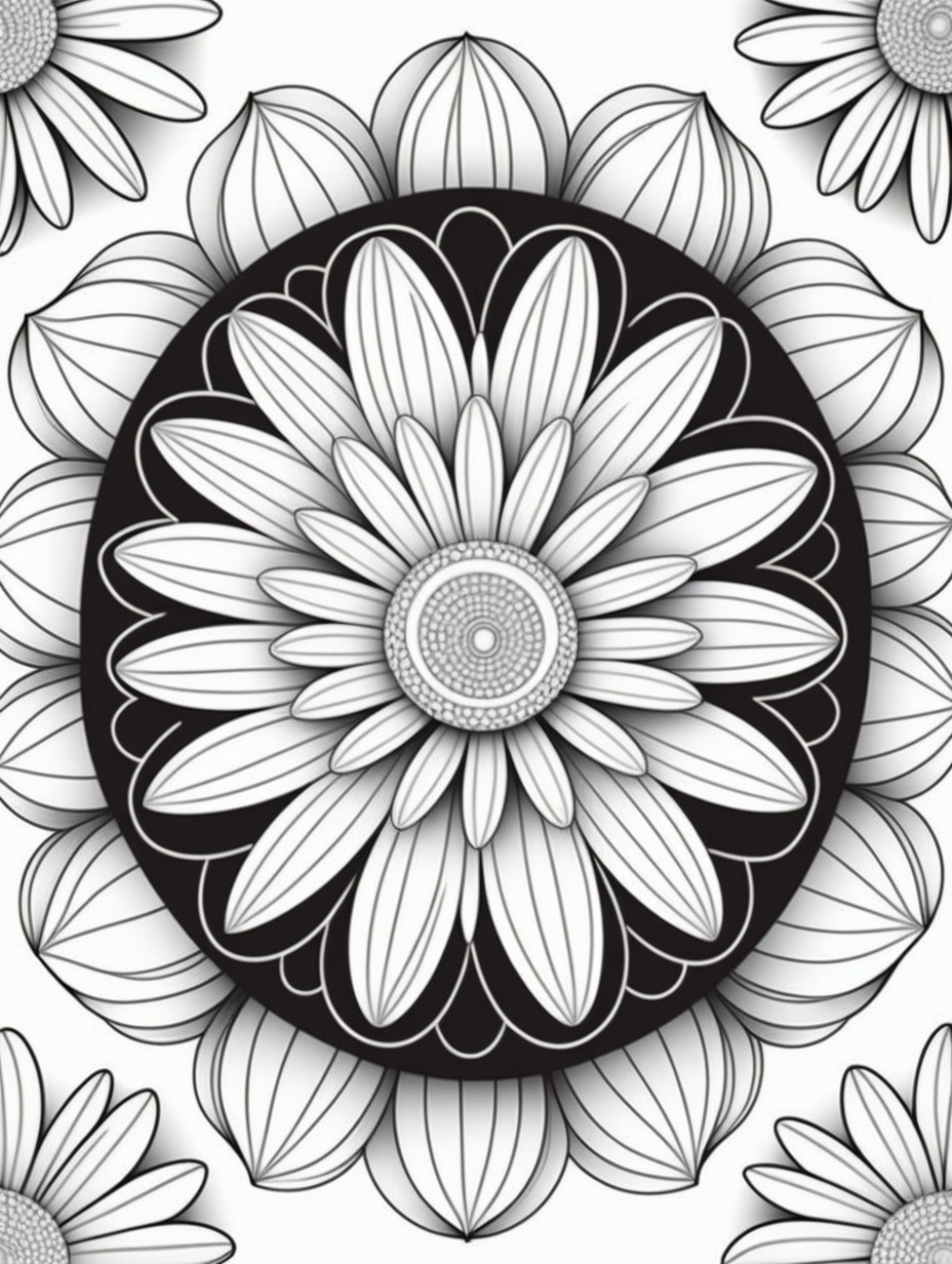 daisy inspired mandala pattern, black and white, fit to page, children's coloring book, coloring book page, clean line art, line art