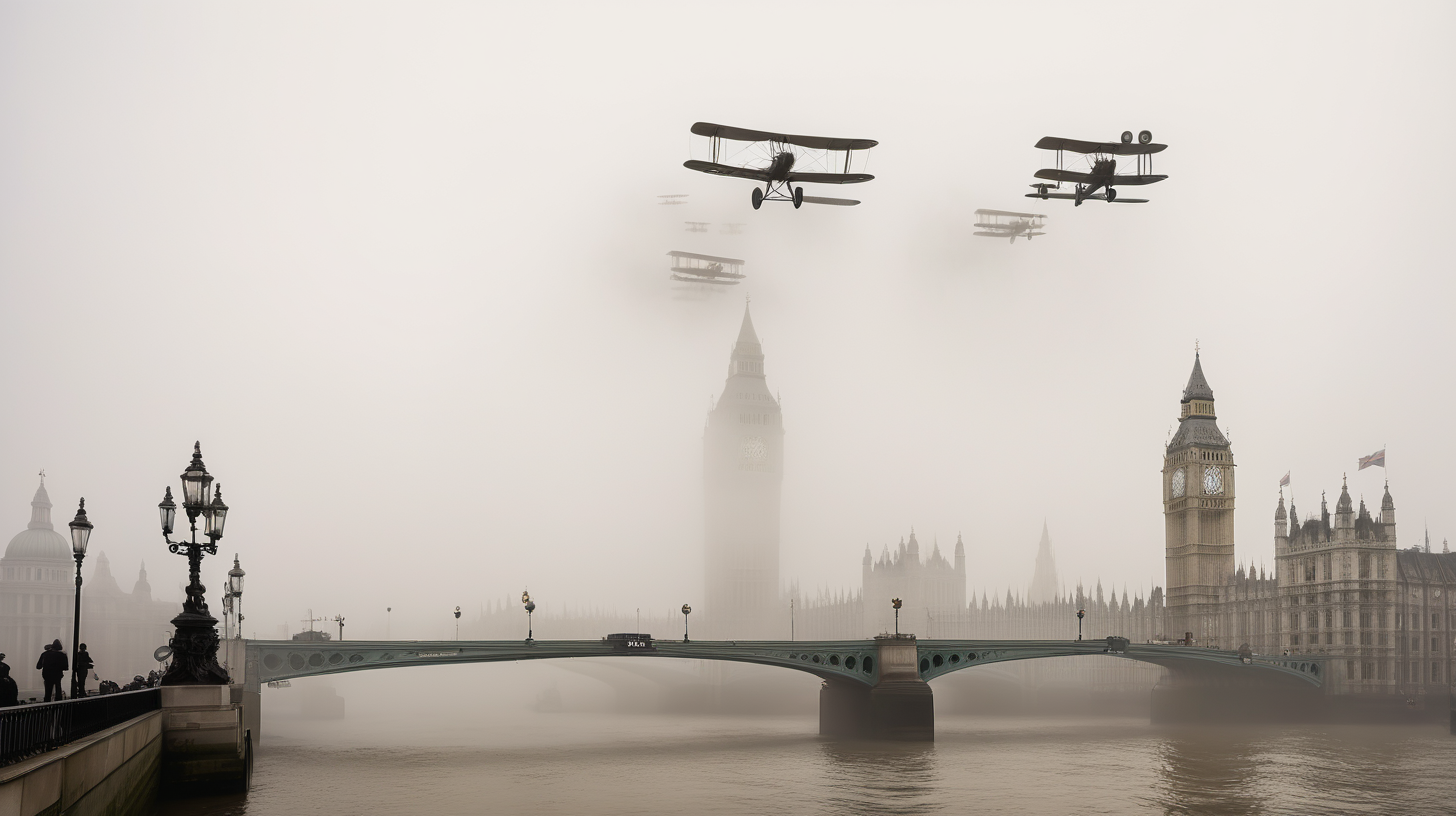 WW1 planes flying over London bridge shrouded in fog 