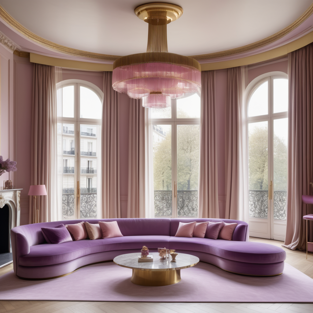 hyperrealistic image of large modern Parisian living room, floor to ceiling windows, curves, beige, pink, lilac and brass colour palette, brass chandelier, sheer curtains