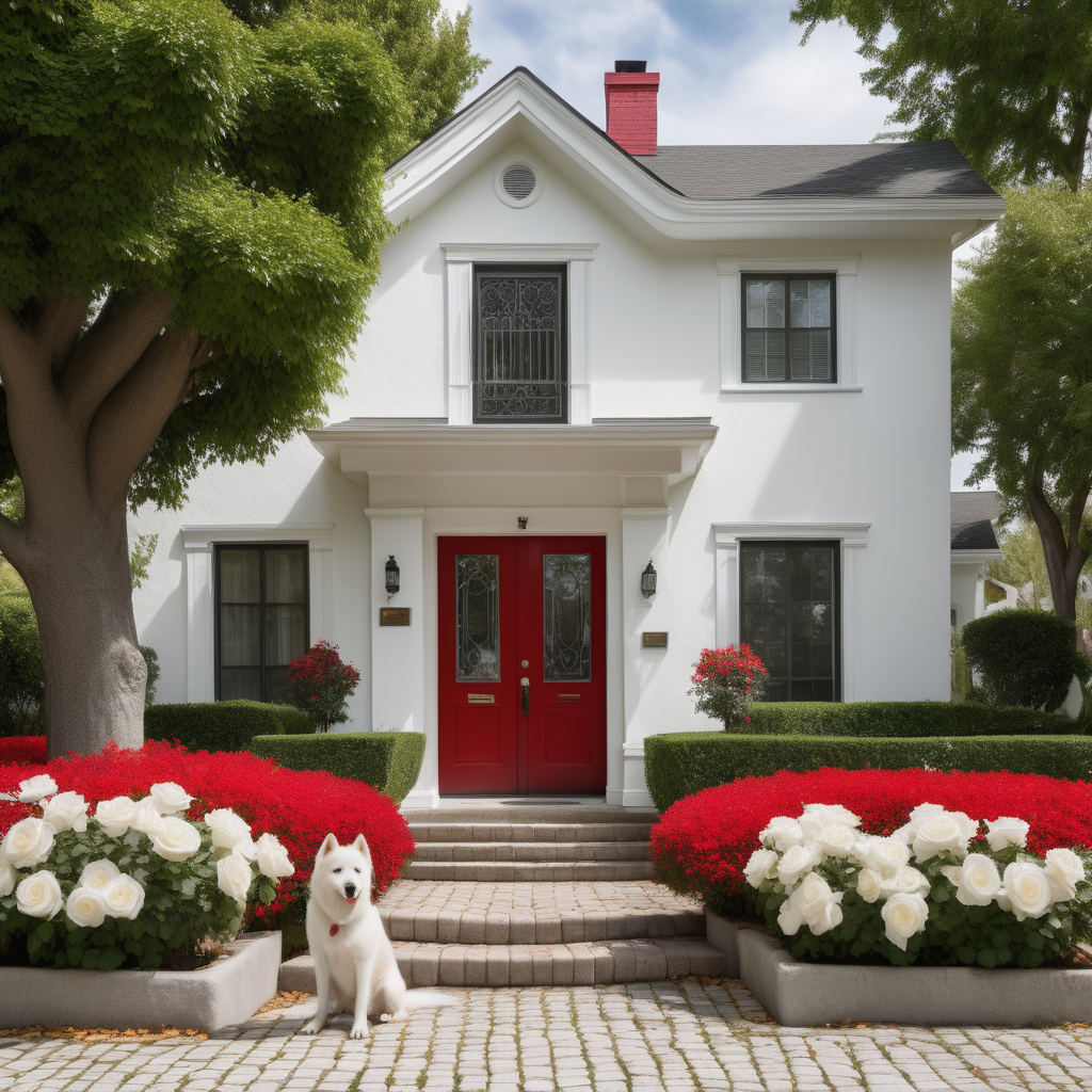 In front of a large white two-story house. The house has a big red door. The front yard has a fountain. A walkway to the house has white rose bushes on each side of the cobblestone walkway. A short hedge is in front of the yard. The street behind had a large white sidewalk—lots of old trees. A fluffy, sizeable, friendly white dog is waiting in front of the door.