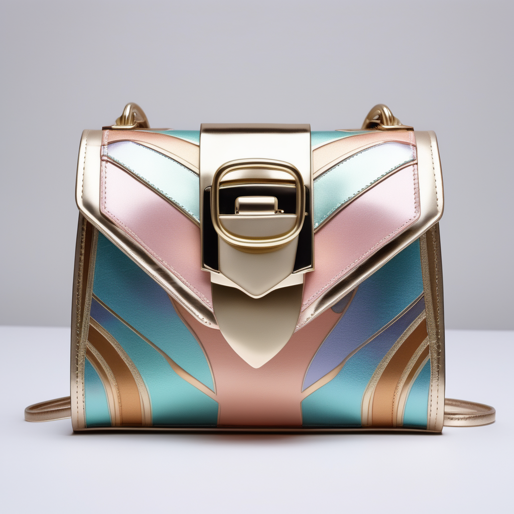 art Nouveau motif inspired luxury small metallized leather bag with flap and metal buckle- geometric shape - frontal view -pastel colors