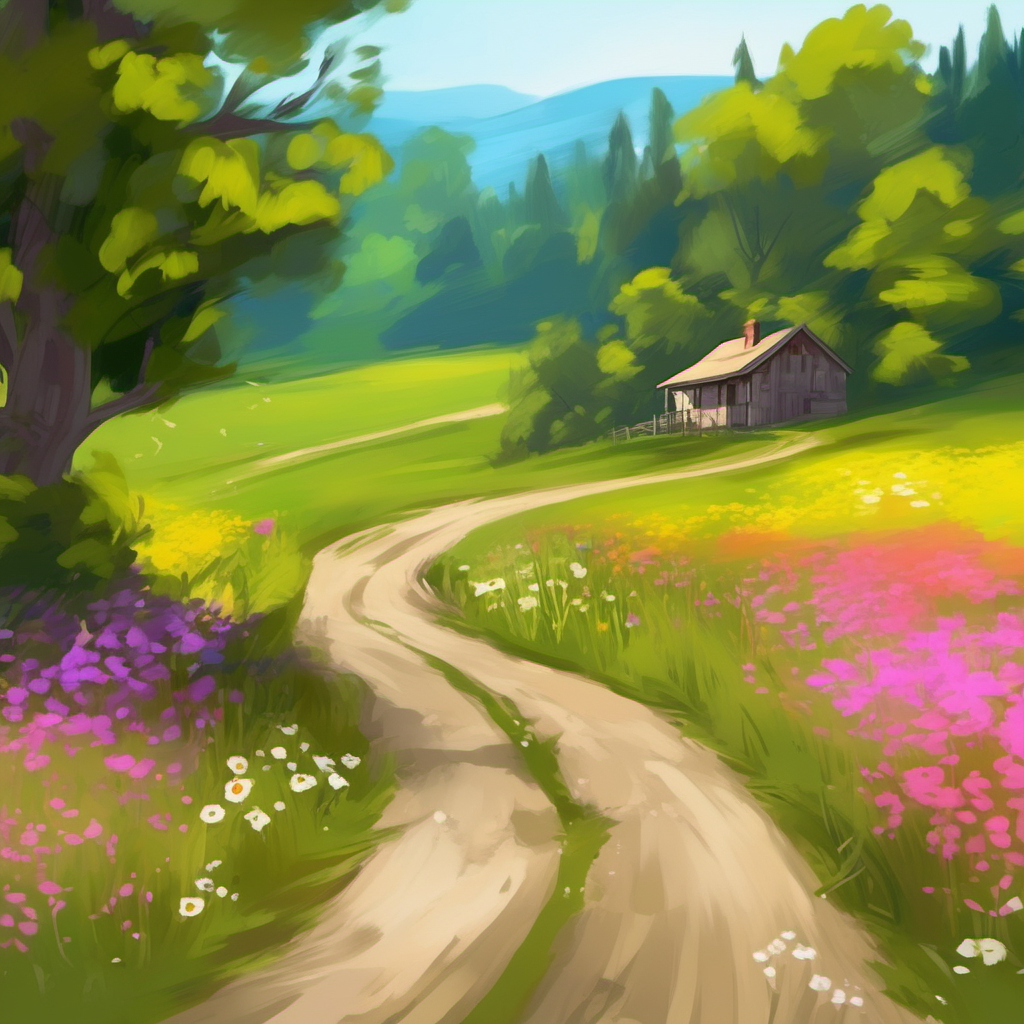 /envision prompt: Paint a scenic country road winding through a meadow of wildflowers. Convey the simplicity and beauty of rural landscapes with a nostalgic touch. --v 5 --stylize 1000