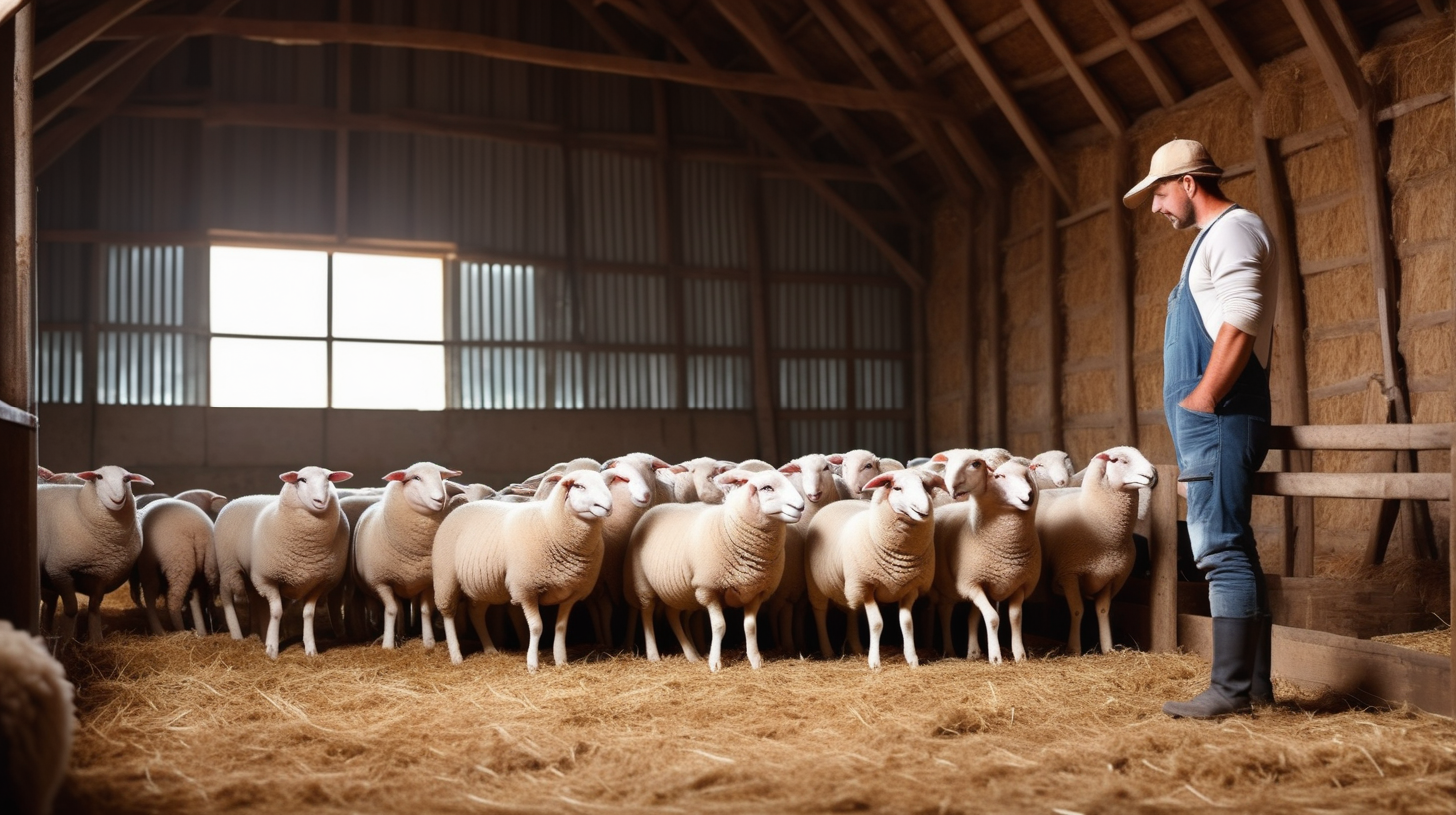 sheep with farmer in farm barn, isolated on background, copy space, photo shoot