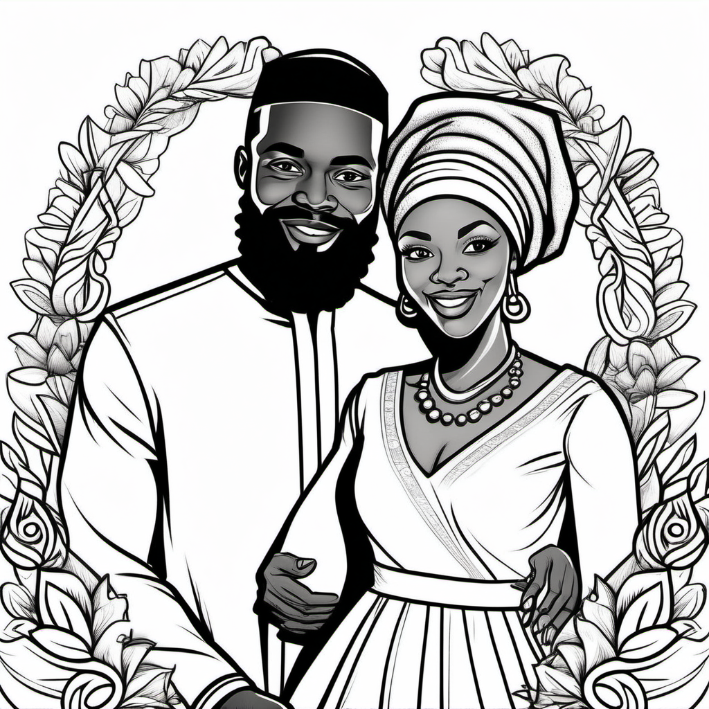 loving African American husband with a full beard and wife wearing a headwrap and a dress, well composed, clean colouring book page, no dither, no gradient, strong outline, no fill, no solids, vector illustration, -ar 9:11 - v 5