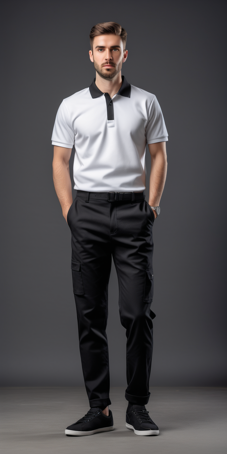 man wearing white short sleeve polo shirt and black canvas trousers, uniform design, warehouse manager black sneakers, full body, art,  35mm photography, modern fashion, gray backround, front straight stance