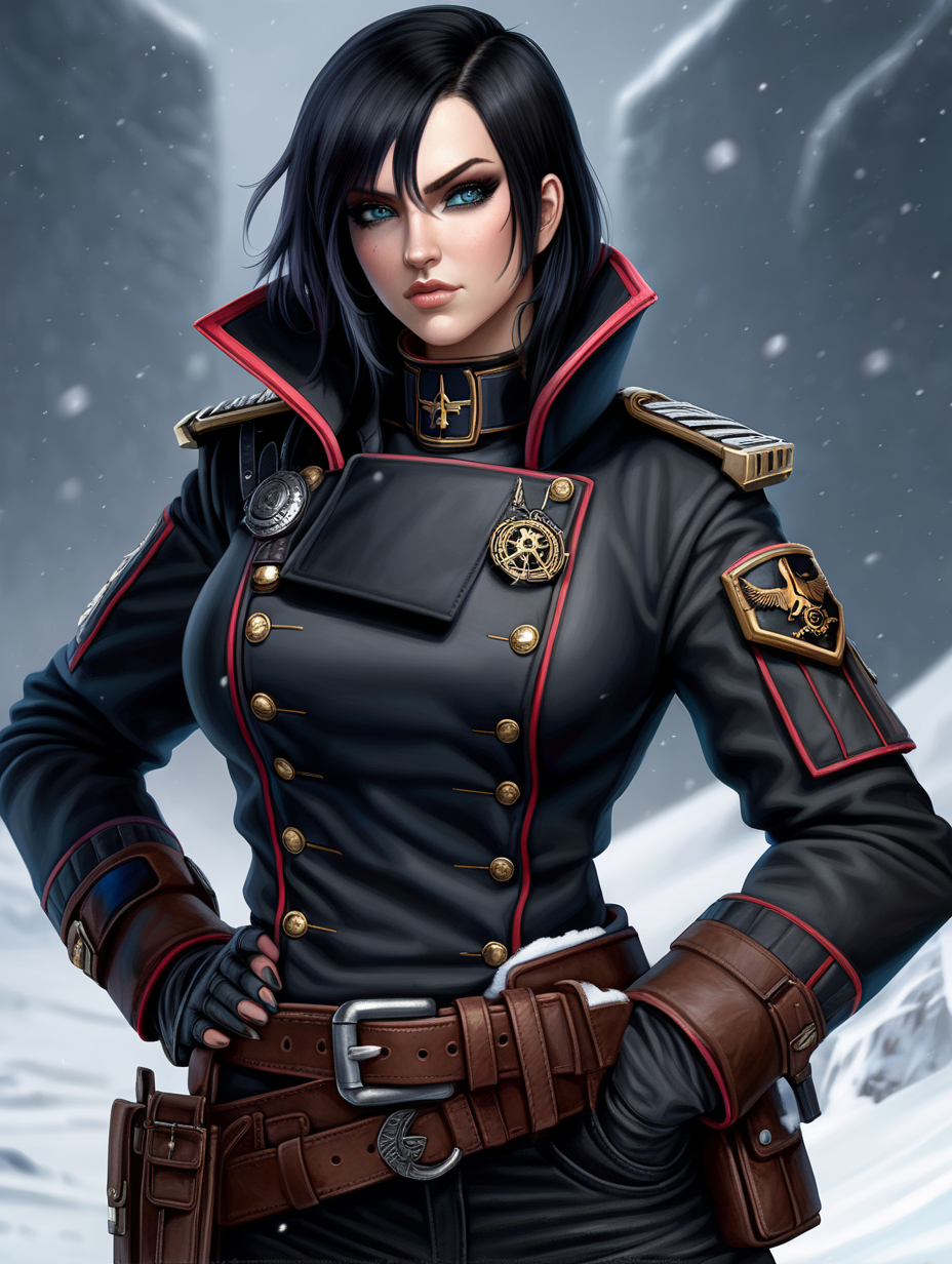Warhammer 40K young busty Commissar woman. She has an hourglass shape. She has raven black hair. She has a very short hair style similar to what Maya, from Borderlands 2, has. Dark black uniform. Dark brown belt has a lot of pouches, grenades, and a black holster attached. Dark brown bandolier around waist. Her dark black uniform jacket fits perfectly and is closed up. She has a lot of eye shadow. Background scene is snowy trench line. She has icy blue eyes. Her uniform has some norse runes on the collar and epaulettes. She is wearing warm clothes.