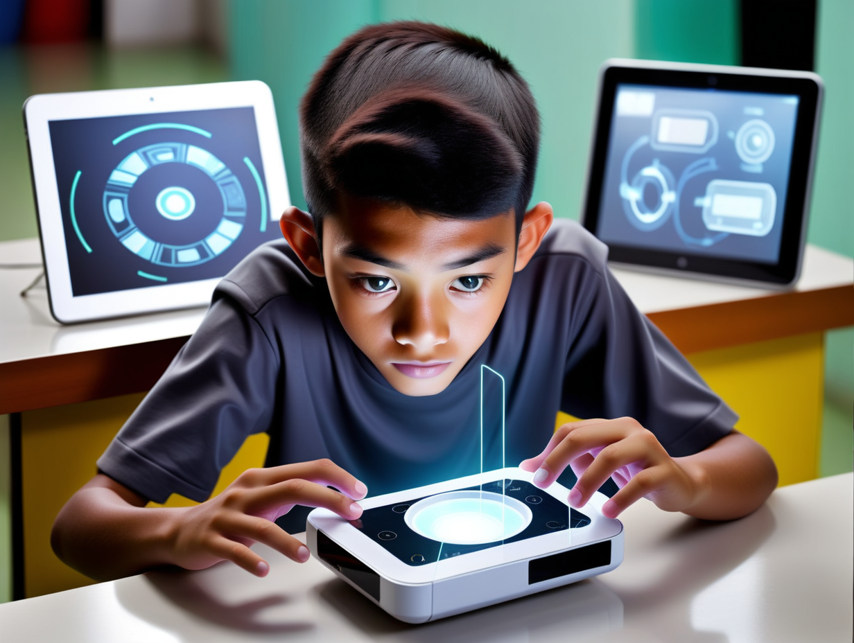 Indonesian high school kid reaching futuristic gadget above