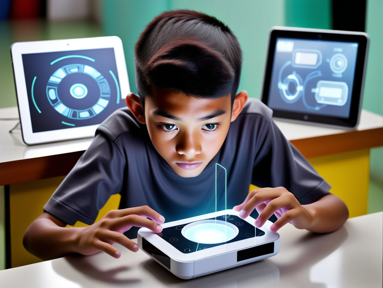 indonesian high school kid reaching futuristic gadget above him from high angle