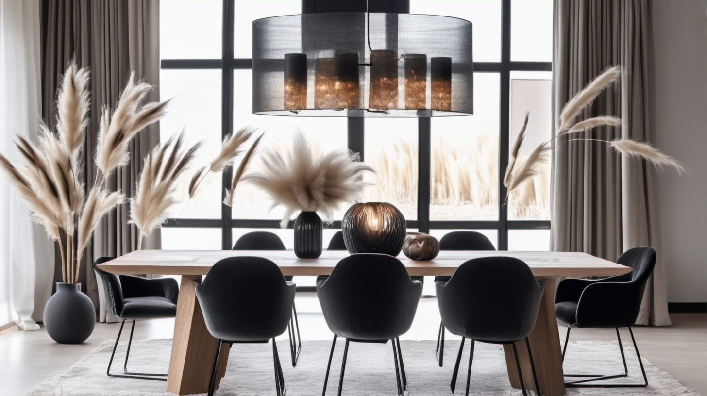 one cozy Interior with table wood with resin. table which metal black legs, make a gray velvet six chair by the table, on table set pampass grass. Above table set glass lamp luxury. lamp can't have pampass gras