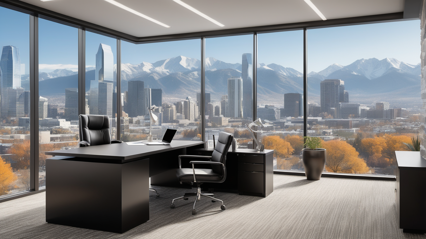 Step into the sleek and professional realm of a Property Owners' Association (PPE) administrator's office, where efficiency and contemporary design harmoniously converge against the urban panorama of a dynamic city. Imagine a meticulously organized desk for an accounting professional, adorned with cutting-edge design furniture, including a sleek black leather chair. Only one chair. This desk provides a commanding view of the cityscape with majestic mountains in the distance. Capture the essence of relaxed elegance with warm tones punctuated by touches of light, creating an atmosphere that resonates with the dynamism and positivity unique ans soft touches of light, creating an atmosphere that resonates with the precision and reliability crucial for accounting work.

Introduce prominent visual elements symbolizing the accounting aspect of property management. Envision an elegant and modern filing a big cabinet with well organised workbooks all along the wall . On the desk show meticulously organized financial reports, documents, and blueprints well visible. Illuminate the space with sleek, adjustable lighting to foster a welcoming yet efficient ambiance.

As the accounting professional draws inspiration from the vibrant city and the striking mountains in the background, they are fully equipped to approach property management responsibilities with a positive, organized, and professional mindset in their stylish and purposefully designed workspace.