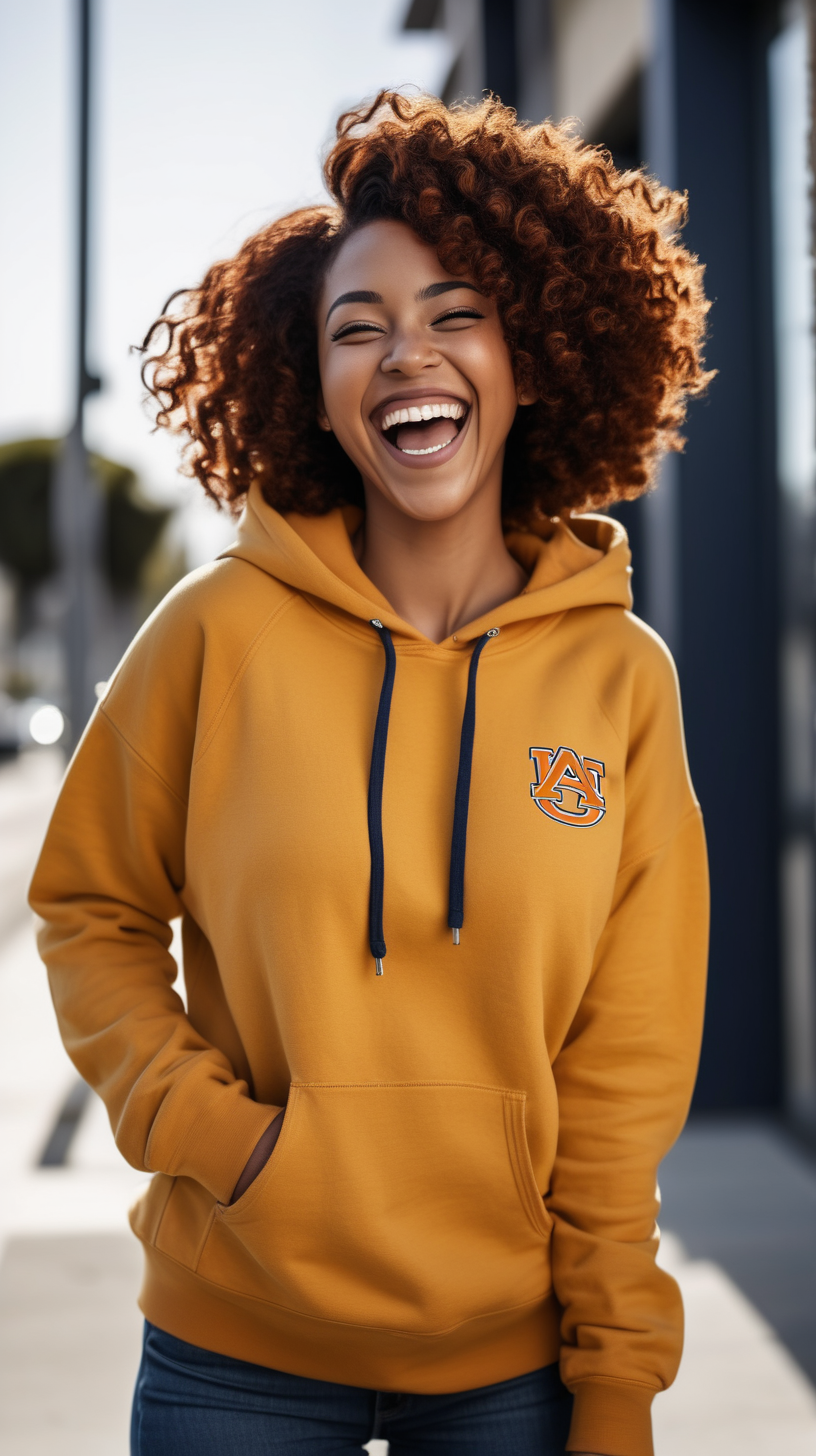 sexy, Black, Woman, laughing with joy, slim build, auburn, low 
 curly haircut, wearing a Mustard, hooded sweatshirt, wearing navy blue, denim, with the strip in LA,  in the background, 4k, outdoor light source, High Definition clear resolution