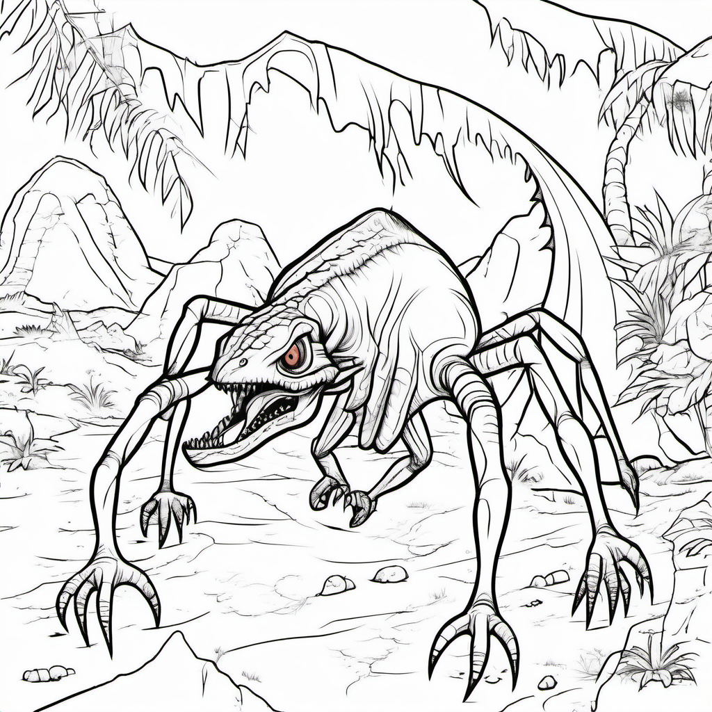 A dinosaur spider, eating, coloring book pages