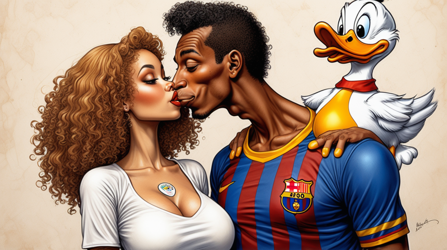 Mujer mulata estilo milo manara vestida de futbolista del Barcelona besando a pato donald vestido de futbolista del real madrid