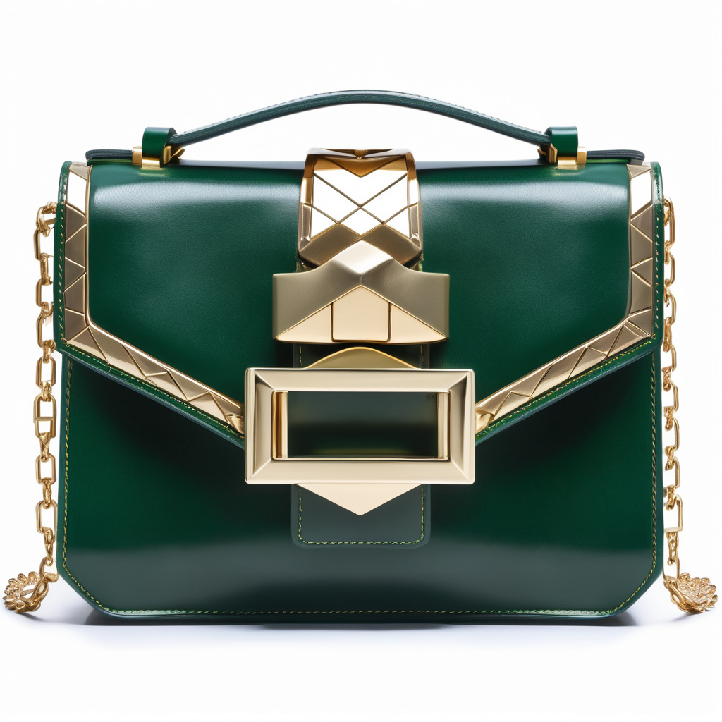 Neoclassic inspired luxury small leather bag with flap and metal buckle- geometric shape - frontal view - dark green leather with gold geometric inserts