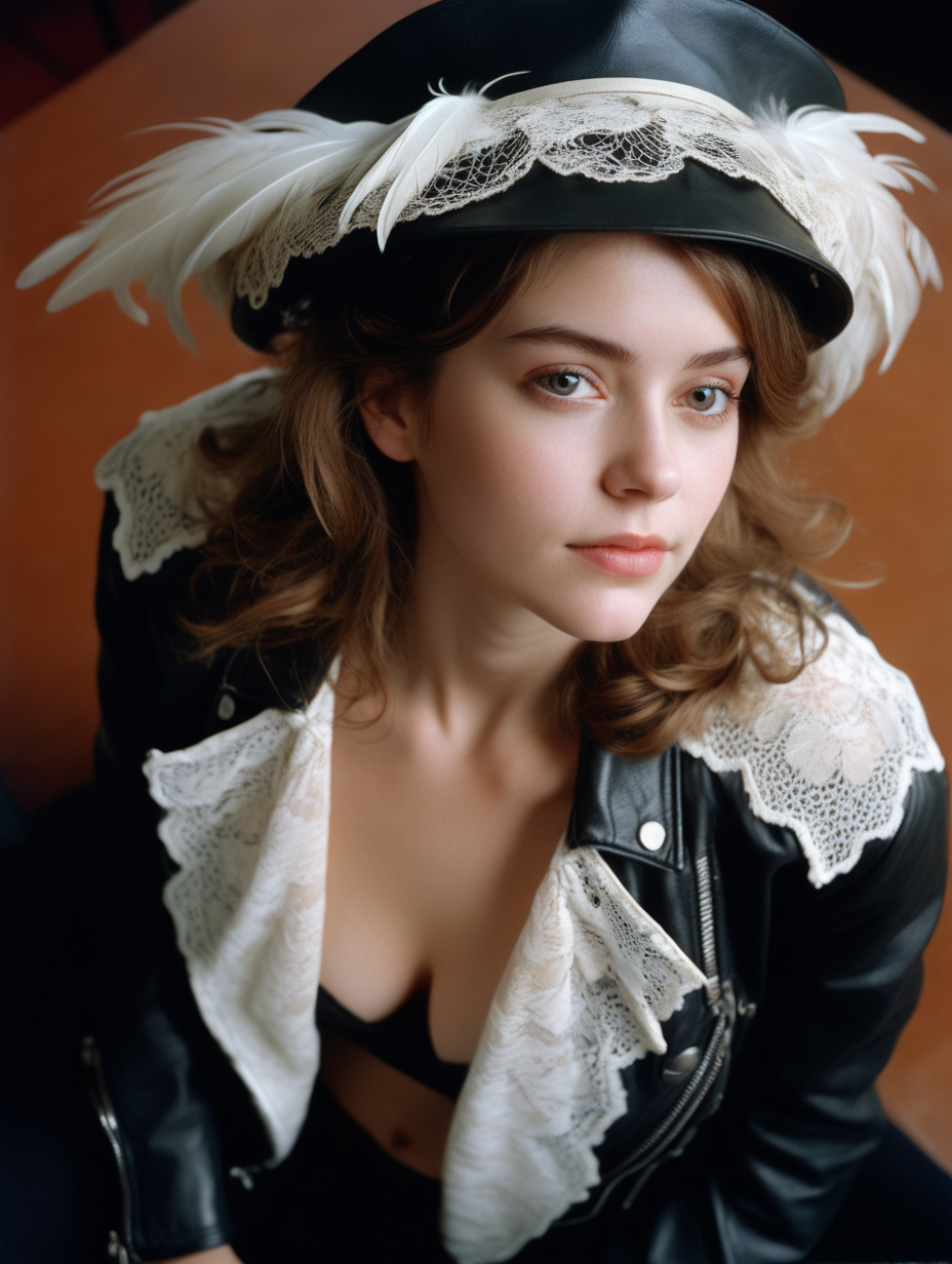 <lora:FilmVelvia3:0. 6>, masterpiece, best quality, 1girl, solo, sexy pose, pensive woman, intricate lace, feathered hat, curled hairdo, pale skin, minimal makeup, tender smile, dainty neckline, nostalgic atmosphere, still life, leather jacket, shot from above and behind, cinematic shot