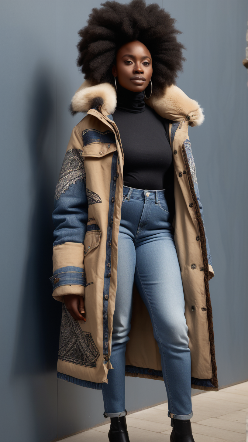 A beautiful black woman wearing a ponytail, wearing an African printed scarf, wearing a Beige, Levi denim jacket reimagined into a three quarter length, down filled parka, with brown fur shawl collar, African printed fabric inserted in various places, show Front, Back, and Side views with stainless buttons, standing at the Palace gates in London, with grey and blue shades and hues in the background
