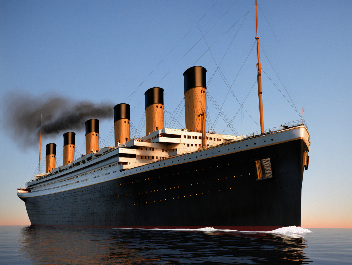 Titanic, half front, 
, long, daytime, 4 chimnees