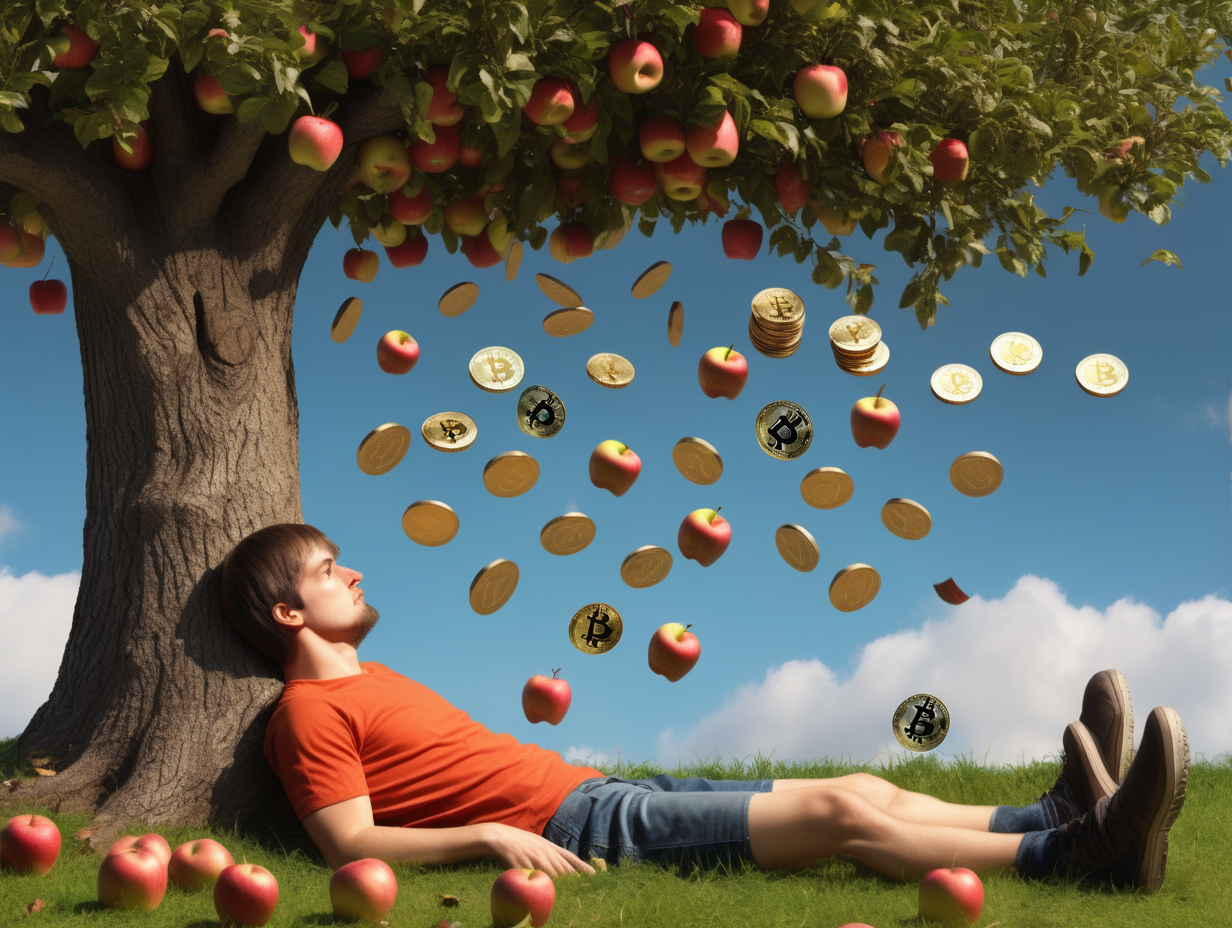 bitcoins and apples falling from the apple tree, man is lying under the tree and is looking at the bitcoins