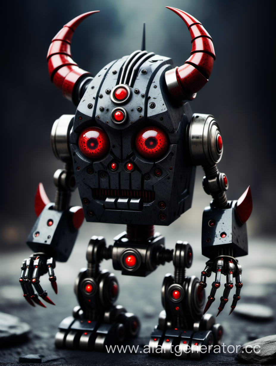 an old robot with horns made of black stone and red eyes with a black stone on its back