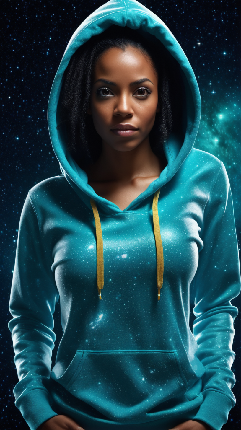 A beautiful, exotic, Jamaican woman standing against an infinite starry space background, Facing the camera straight ahead, with a fierce look in her eyes, wearing an Aqua Blue hooded sweat shirt, she is casually hovering, lighting is over the left shoulder from behind and down ultra 4k render, high definition