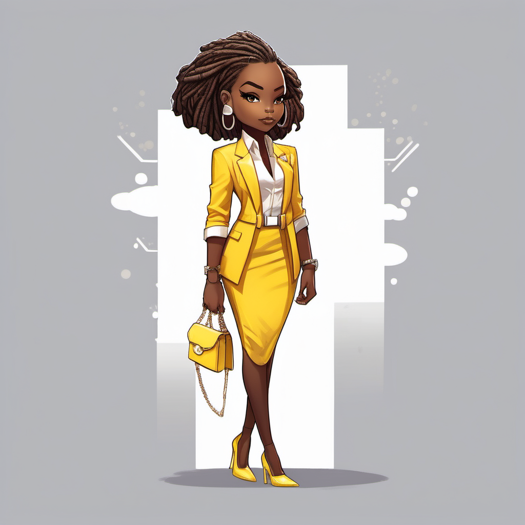 Shiny illustration of an African American chibi character with a shoulder-length, pinned up locs in auburn. She is dressed in a tailored, yellow dress with a wide white belt cinching her waist, wearing a white blazer reflecting a blend of elegance and modern fashion. Her outfit is complemented by white high heels, adding a touch of sophistication. The background should be a pure white studio, focusing on her stylish and professional appearance. The overall image should be vibrant and engaging, showcasing the character's fashion sense and personality in a lively and charming chibi style.