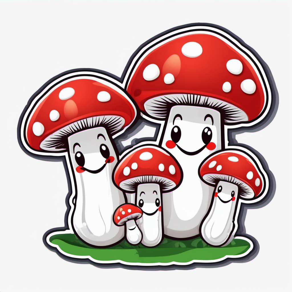 Sticker, Smiling red Mushroom family, with heart Spots, cartoon, valentine,contour, vector, white 
background 
