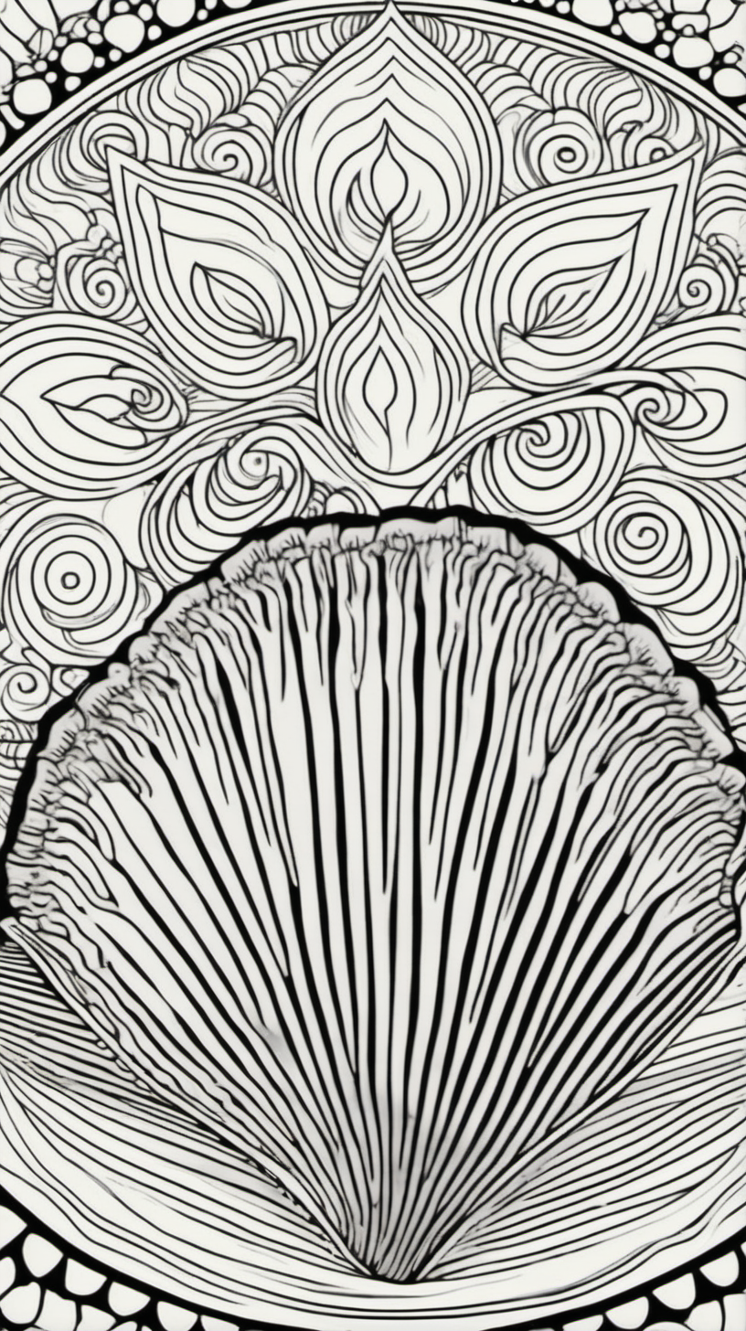 seashell, mandala background, coloring book page, clean line art