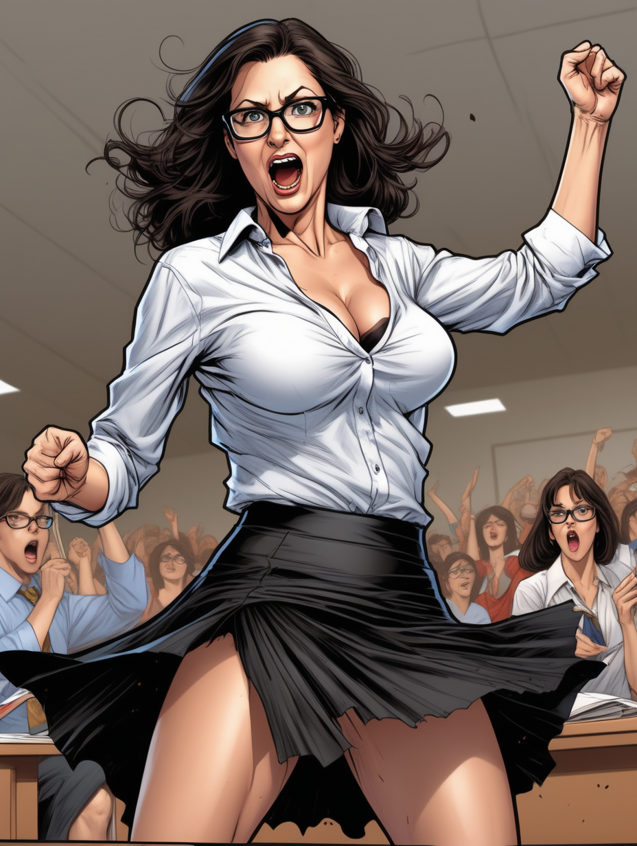Beautiful, mature, brunette woman, teacher, glasses, [ripped open] shirt, breasts exposed [Detailed comic book art style] pep rally, [flowy black skirt & pantyhose] dancing seductively, ripping shirt