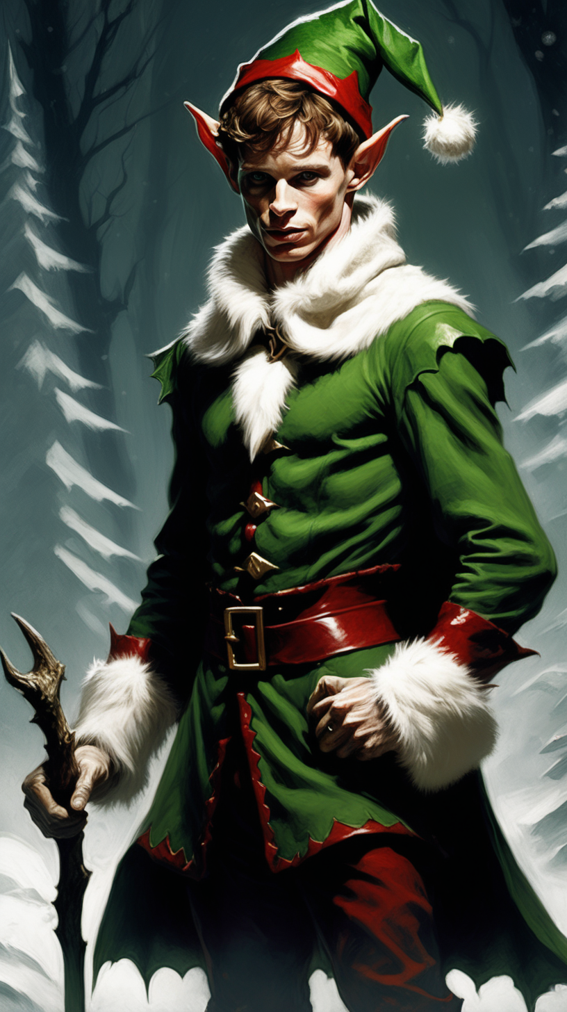 Create a dark fantasy art illustration,  frank frazetta style, of Eddie Redmayne wearing a Christmas elf costume. Waist up shot