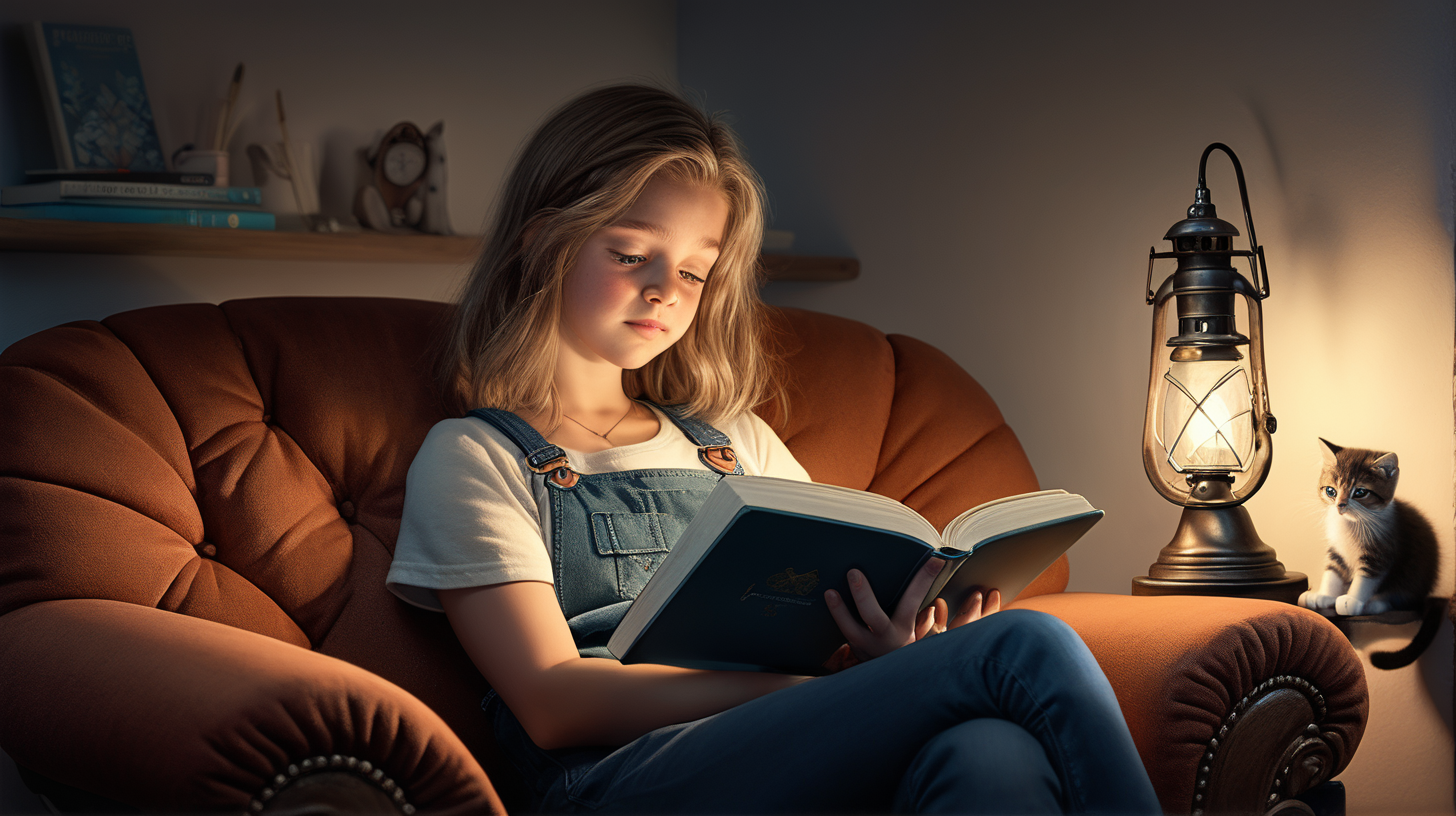 a beautiful girl is reading an interesting book in a cozy chair, there is a cat nearby, it is snowing outside the window, evening lighting from a lamp, deep focus: illustration for a story about a girl, hd, 4k, hyper realistic 