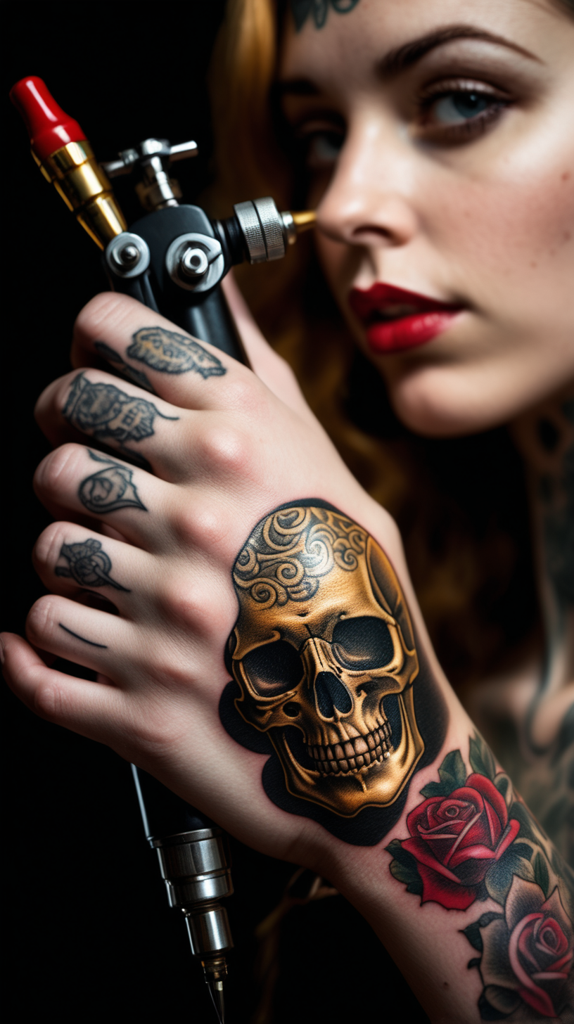 /imagine prompt : An ultra-realistic photograph captured with a canon 5d mark III camera, equipped with an macro lens at F 5.8 aperture setting, The camera is directly in front of the subject, capturing a vintage classic tattoo machine ,a pattern of the skull is engraved on it's golden tattoo grip , grabbed by a hand wearing black nitrile gloves . A lip painted with red lipstick kisses the grip of the tattoo machine.
the hand is blurred and the focus sets on tattoo machine .
Soft spot light gracefully illuminates the subject and golden grip is shining. The background is absolutely black , highlighting the subject.
The image, shot in high resolution and a 16:9 aspect ratio, captures the subject’s  with stunning realism –ar 9:16 –v 5.2 –style raw
