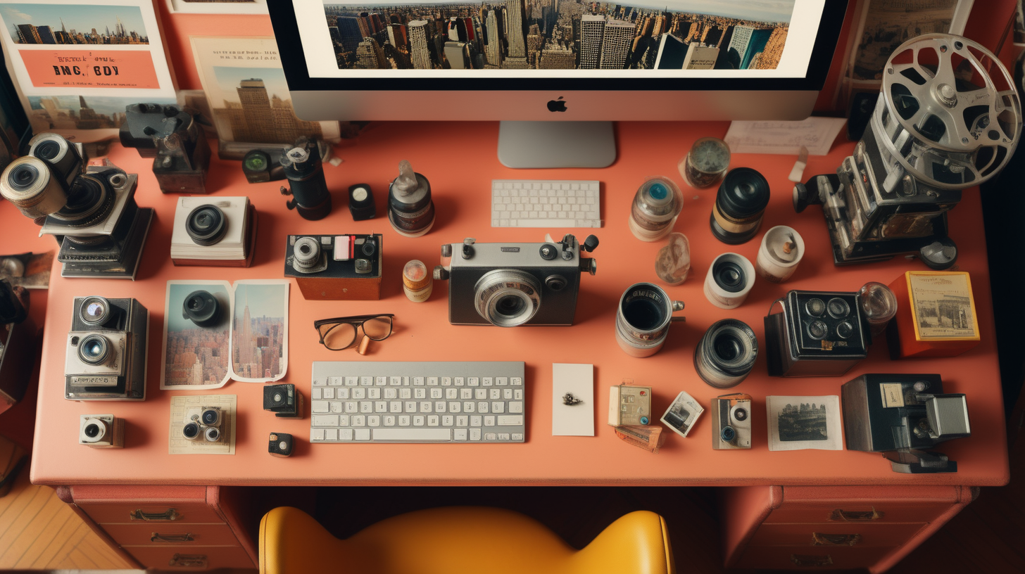 close up, high quality photograph bird's eye view of the top of a desk containing film editing equipment, and a small diorama of new york city  in the style of a wes anderson movie
