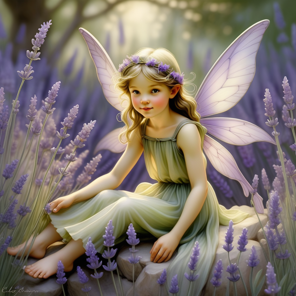 Create a fairy surrounded by lavender blooms, capturing the soothing and calming aura that Cicely Mary Barker often conveyed in her illustrations.