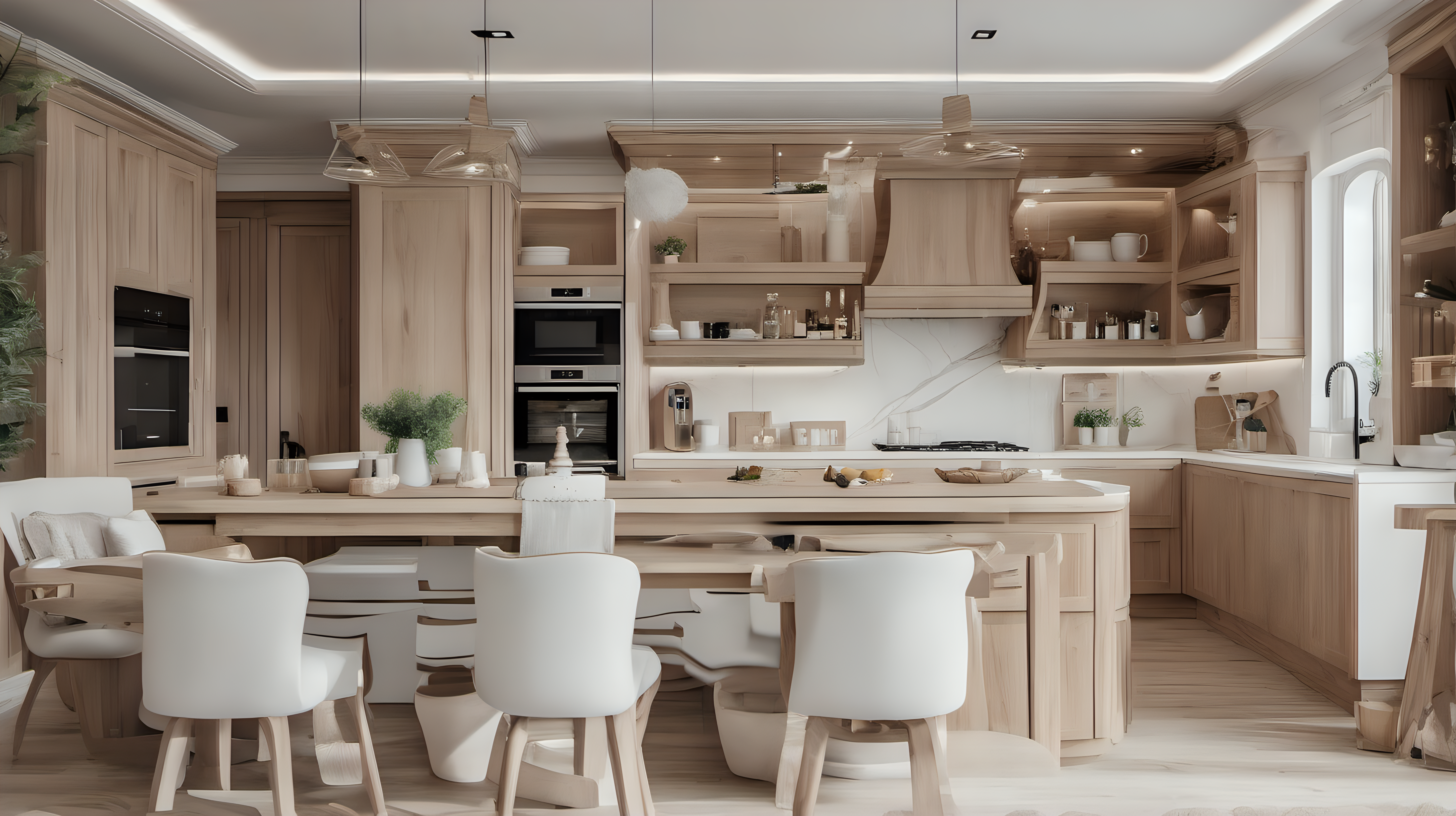 Interior big kitchen with beige and white and