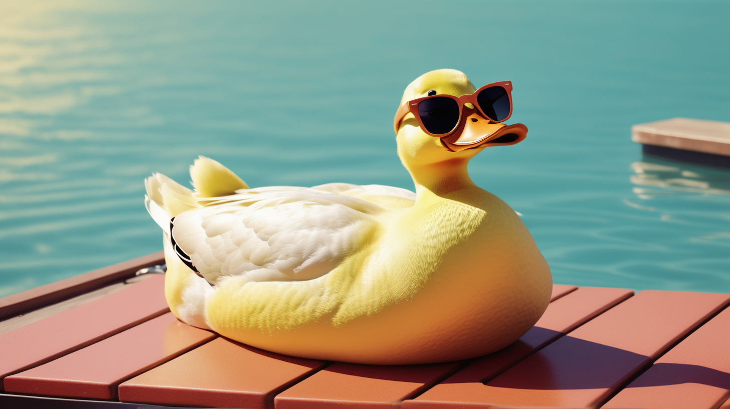 /imagine a duck wearing sunglasses lying down on a sundeck on a warm sunny day in 1960s retro style  --niji 5 --style scenic  --ar 16:9 --c 100  --v 5.2