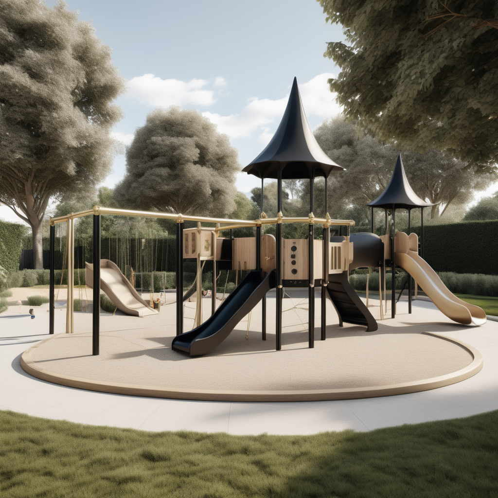 a hyperrealistic image of a grand Modern Parisian  outdoor playground in a beige oak brass and black colour palette surrounded by large beautiful open lawns and garden
