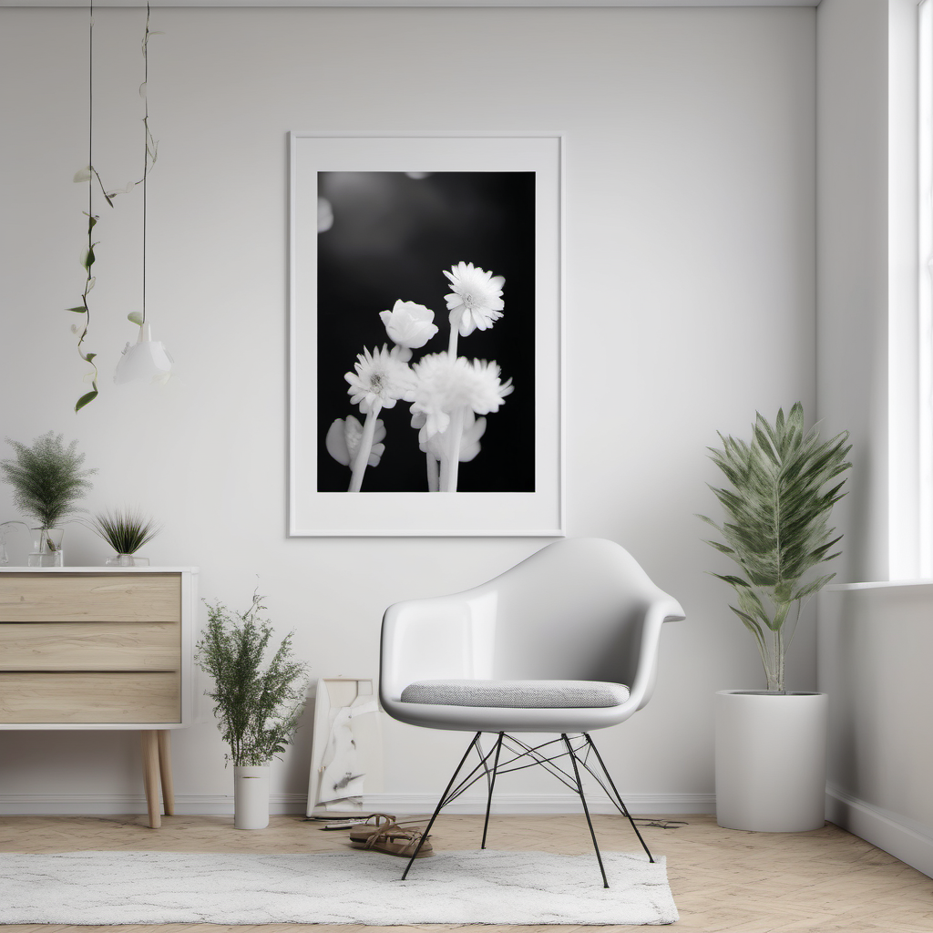 MOCK UP IMAGE FEATURING SINGLE WALL ART A1 SIZE. WHITE THEMED ROOM 